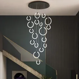 Pendelleuchten, LED-Kronleuchter, goldener Ring, modern, Duplex, Dachboden, Wohnzimmer, Esszimmer, Glanz, Treppe, Innendekoration, Lampen