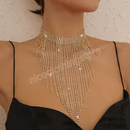 Collana a catena lunga esagerata con strass e nappa per le donne Accessori per discoteca con colletto in cristallo sexy di lusso da sposa