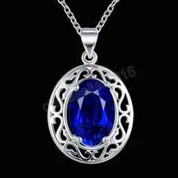 925 Silver Pretty Blue Crystal Oval Pendant Neckor for Women Fashion Party Wedding Engagement Jewelry Holiday Presents