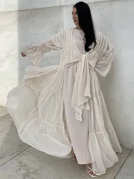 Ramadan Wrap Front Open Abaya Kvinnor Chiffon Pläterad Ruffle Muslim Kimono Hijab Lång Klänning Islam Dubai Arab Blyest Outfit Kaftan