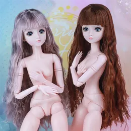 Dolls 60cm BJD Doll 22 Movable Coint 4D Simulation Eyes 13 Long Curly Hair White Skin Naked Body Fashion Doll Change Makeup Girl 220826