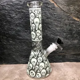 Tjockglasbägare Bongs Glöd i det mörka vattenröret Skalle Print Heady Rökning Tillbehör Dab Rig Scary Faces Hookahs 14mm Bowl