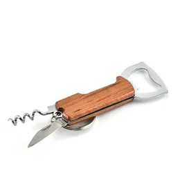 100st Trähandtag Flasköppnare Keychain Kniv Pulltap Double Hinged CorksCrew Key Ring Bar Köksverktyg