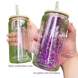 16oz Sublimation Snow Globe Beer Can Double Wall Clear Glass With Wooden Lids&Plastic Straws 500ml Blank Water Bottles DIY Heat Transfer Wine Tumblers