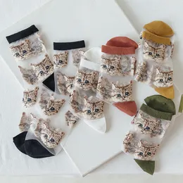 En yeni kristal ipek gelgit çorapları kadınlar gril harajuku komik hayvan kedi komik mutlu kadınlar çoraplar rahat yüksek kaliteli şeffaf sox