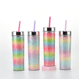 16oz Radient Rainbow Double Layer Plastic Cups With Lock och halm Vacker rak Cold Drink Cup Tumbler Coffee Travel Mug 220509