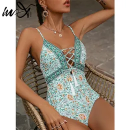 In-X Floral print swimsuit women Bandage tassel swimwear female Backless monokini Vintage bathing suit bodysuit 220505