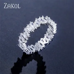 Zakol Fashion Luxury Multicolor Charm AAA Baguette Cubic Zirconia Wedding Rings for Women T Shape Stone Party Jewelry FSRP252 220728