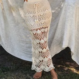 Aproms Bohemia Crochet Kintted Long Maxi 스커트 여성 빈티지면 중공 아웃 스커트 여름 해변 연필 치마 220701