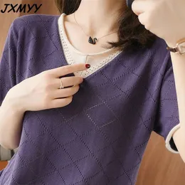 Chun Xia V-decting Knitting T-shirt Kobieta luźna pokaz cienki pół rękawów pusta temperament Render