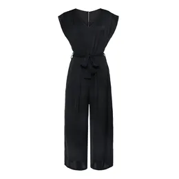 Summer Women Black Plain Jumpsuit With Belt Femme Elegant Sleeveless V Neck Pleated Bodysuit Office Lady Zipper Jumpsuits