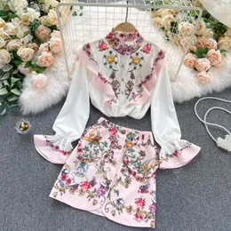 Print Skirt Suit 2022 Two Piece Dress Spring Palace Style Ladies Temperament Shirt All-match Skirt Fashion Trendy