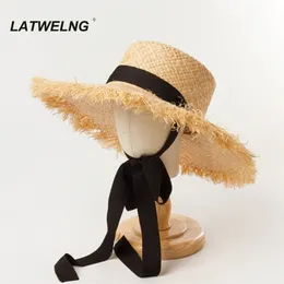 Fashion Ribbon Girl Sun Hat 52cm Head Size Kids Summer Beach Hats Women Raffia UV Hats 57 Head Size NH401 220514