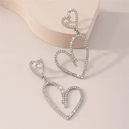 Full Rhinestone Two Heart Drop Earrings For Women Bijoux Shiny Crystal Geometric Dangle Earrings Aesthetic Wedding Jewelry