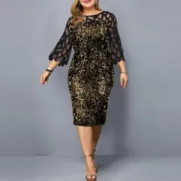 Sukienki plus size eleganckie 2022 kobiet Sexy Midi cekinowa suknia wieczorowa z długim rękawem złota impreza nocna siatka luksusowa odzież