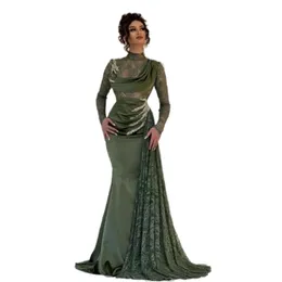 Modern Arabic Dubai Olive Green Mermaid Evening Dresses Long Sleeve High Neck Lace Satin Special Occasion Gowns Illusion Sexy Prom Dress With Peplum