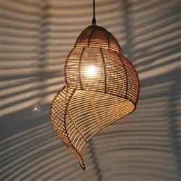 Hänglampor Sydostasien Creative Bamboo Lamp Sea Snail Shape E27 Wicker Shades LED -lampor för studieutrymme Teahus Fixtures Anslaget