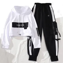 Spring Autumn Female Streetwear Cargo Pants Loose High Waist Joggers Women 2 Piece Long Sleeve Top With Casual Trousers 220726