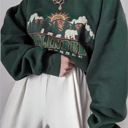 QWEEK Y2K VINTAGE GREEN WOMEN HOODIESESHIZE E GIRL AESTHETIC PRINT SWEATSHIRT秋90年代のストリート長いスリーブトップ220812