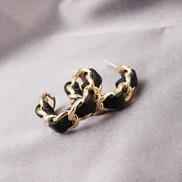 Hoop Huggie Ovanlig knuten Chunky Chain Svart läderörhängen för kvinnor Guldfärglegering Länk Öppet Party JewelleryHoop