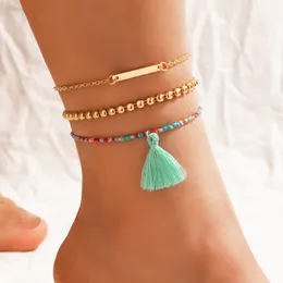 3PCS/SETS Kolorowe kostki z koralikami dla kobiet Nowe modne modne łańcuch stóp złotego stopu metalowa biżuteria