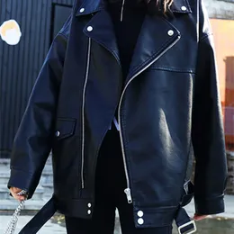 Sungtin Korean Faux Leather Jacket Women BeltizeSize BF Style Punk Pu Women's Leather Jacket Streetwear High Street Biker Coat 220813
