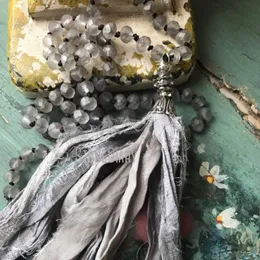 Pendant Necklaces Shabby Boho Chic Matte Grey Beads Silver Sari Silk Tassel Necklace Versatile Accessory Fun Jewelry 32 InchesPendant