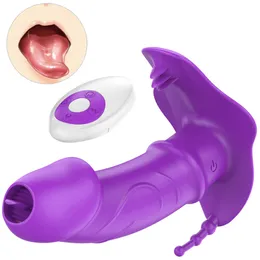Bärbar trosdildo vibrator sexiga leksaker för kvinna osynlig slitage klitoris stimulator trådlös tunga slickande vibratorer
