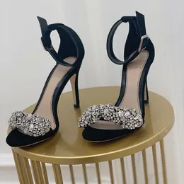 Sandali firmati di moda Decorazione con diamanti in cristallo Sexy stiletto nero da donna, scarpe cool di alta qualità con tacco alto da donna Roma Calzature da fabbrica di sandali