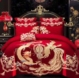 4/6pcs Luxo Loong Phoenix Bordado Vermelho Tampa Vermelha Caseira Casamento Algodão Casamento Chinês Capa de casamento Conjunto de ding têxteis