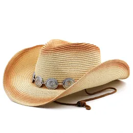 女性のためのシンプルな夏の麦わら帽子西部カウボーイハットレディートレンディな織りの太陽の帽子ワイドブリムビーチキャップ