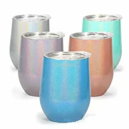 New 12oz Stainless Steel Wine Glass Mugs Insulated Handleless Travel Glass Coffee Mug with Sliding Lid and Reusable Straw Christmas Gift Glitter Lavender