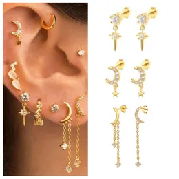 Dangle & Chandelier Aide Gold Color Silver White Zircons Moon Star Charm Mismatched Earrings Women Chain Tassel Cartilage Set