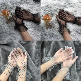 Five Fingers Gloves 2022 Summer Women Black Mesh Lace Short Full Finger Mittens Dot Tulle Elegant Ladies Driving Globes