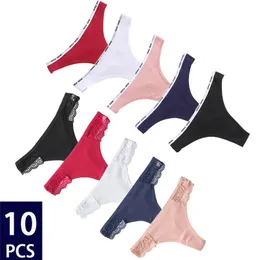 10st Kvinnor G-String Panties Bomull Underkläder Sexiga Lace Briefs Kvinna Underbyxor Tong Solid Färg Intimates Pantys Underkläder 220425