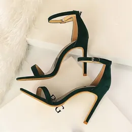 Women 10cm High Heels Flock Stripper Sandals Female Fetish Strappy Red Shoes Lady Valentine Green Summer Classic Sexy Pumps 220701