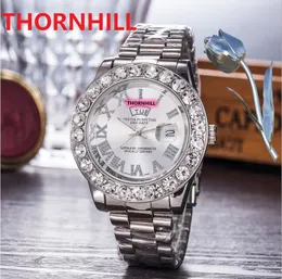 有名なデザイナーフルステンレススチールウォッチ43mmクロノグラフムーブメントメンズビッグダイヤモンドリングローマナンバーファッションクリスタル腕時計orogio di lusso