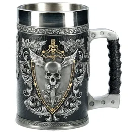 3D ölmuggar Stein Tankard Double Headed Eagle Winged Sword and Shield Skull Crest rostfritt stål harts kaffekoppmugg 600 ml 220727