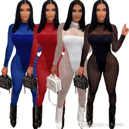 2022 Fall Women Jumpsuits Rompers Designer Sexig Se genom One Piece Pants Mesh randigt lapptäcke Långärmad bodysuits