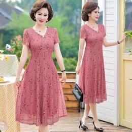 Casual Dresses Women Summer Chiffon Dress Ladies Middle-aged Print Short Sleeve Pleated Female Vintage V-neck VestidosCasual