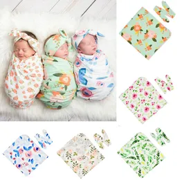 Pasgeboren fotografie Foto Props Kerstslaapzakken Bloem Gedrukte 2 -sten Set Hoofdband Baby Posing Swaddle Decor Wrap Deken