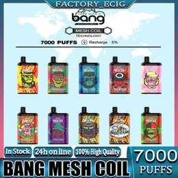 100% Original Bang Mesh Coil 7000 Puffs Bars Disposable E cigarettes Vape Pen 15ml Pre-filled Pods Cartridge 850mAh Rechargeable Battery