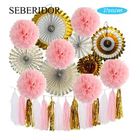 Outros suprimentos de festa de evento Casamento Valentine Favor Favor Gold Pink Conjunto Diy Hanging Paper Tassel dobring Fan Tissue Pompom White menino menino Batismo Decoração 230206