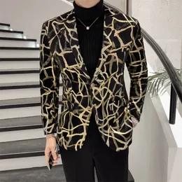 Spring Men's Blazer Luxury Gold Stripe Print Blazer Men Slim Business Casual Blazer Nightclub Singer Prom Jacket Plus Size M-5XL