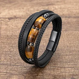 Charme Armbänder Natürliche Mischung Tigerauge Stein Armband Mehrschichtiges Gewebtes Leder Für Männer Modeschmuck Pulsera HombreCharm