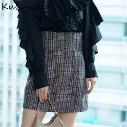 Kuzuwata 21 Höst Vinter Design Mode Kvinnor Korta Jupes Japan Stil Faldas Solid Casual High Waist Slim Mini Skirts 220317