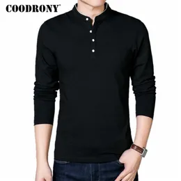 Coodrony tshirt masculino mola outono algodão camiseta homem cor sólida cor chinesa mandarim colarinho de manga comprida camiseta 608 201116