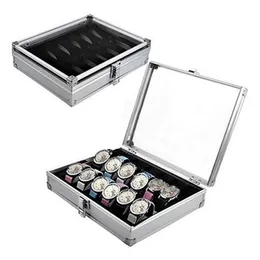 Högkvalitativ metallfodral 6/12 Grid Slots Armbandsur Vitrinfodral Förvaringshållare Organizer Klockfodral Smycken Dispay Watch Box T200523