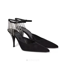 Elegant Vesper Sling Sandals Shoes For Women Chain-trimmed Suede Pointed Toe Brand Pumps Chain-embellished Ankle Straps Lady High Heels EU35-41