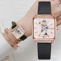 Relógios de pulso Casual Women Watches Bear Pattern Square Bracelet Conjunto Ladies Leather Band Banda de quartzo Relógio feminino Zegarek Damskiwristwat